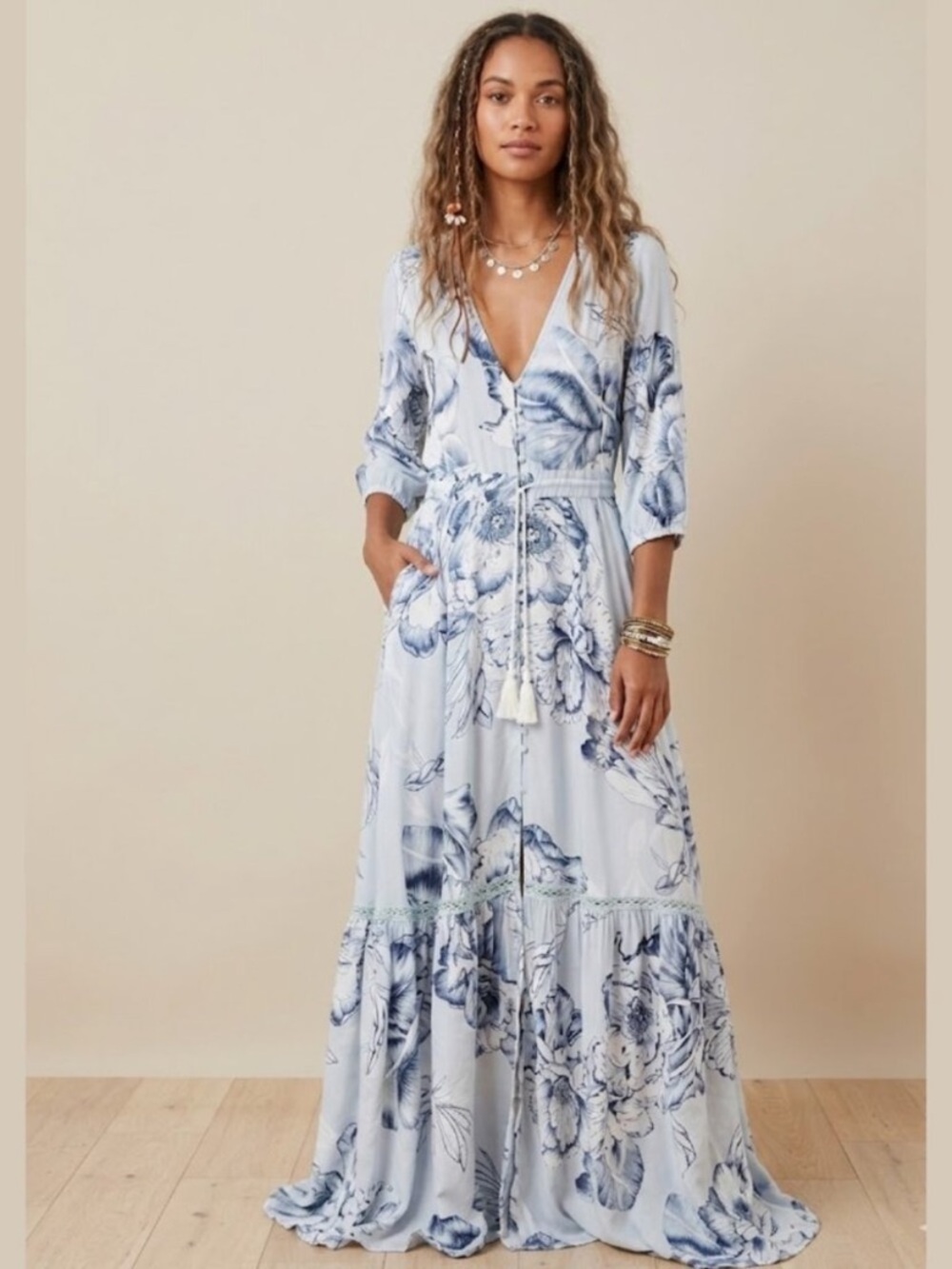 Jaase Light Blue Floral Maxi Dress with Tassel Tie